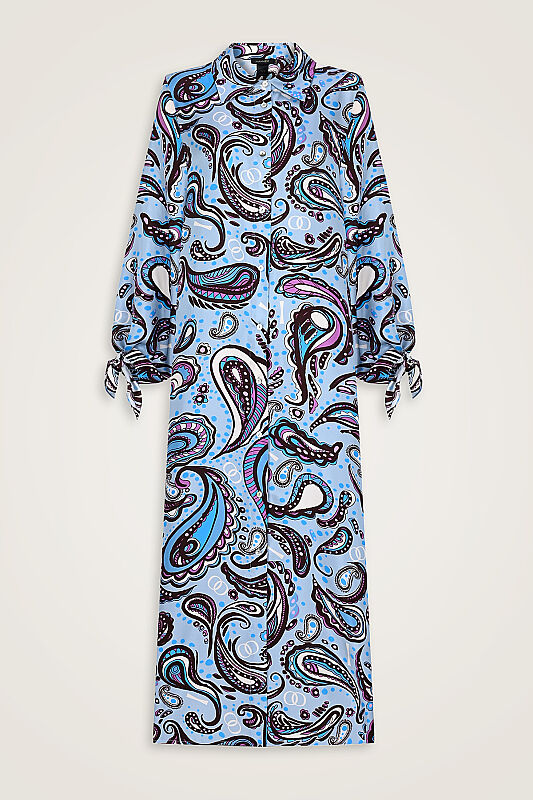 Turquoise Silk Twill Shirt Dress with Cashmere Sleeve Detail - 2
