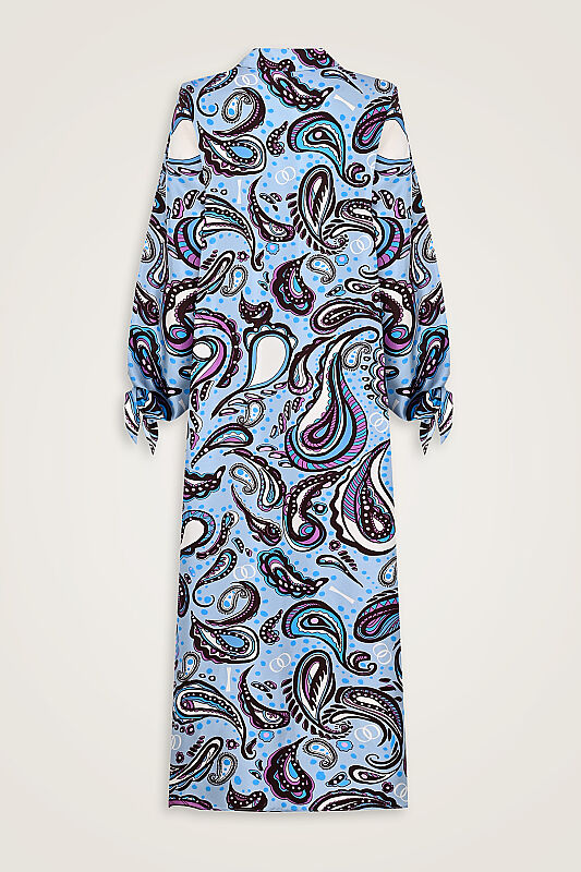 Turquoise Silk Twill Shirt Dress with Cashmere Sleeve Detail - 4