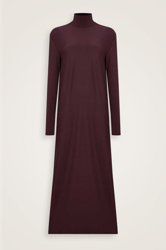 Turtleneck Burgundy Combed Cotton Dress - 2