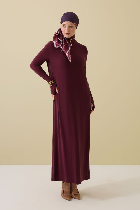 Turtleneck Burgundy Combed Cotton Dress - 3