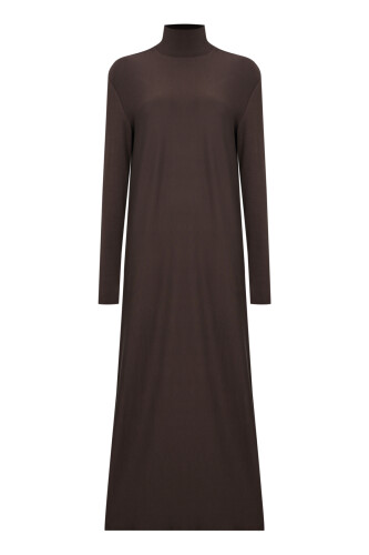 Turtleneck Dark Brown Combed Cotton Dress - 1