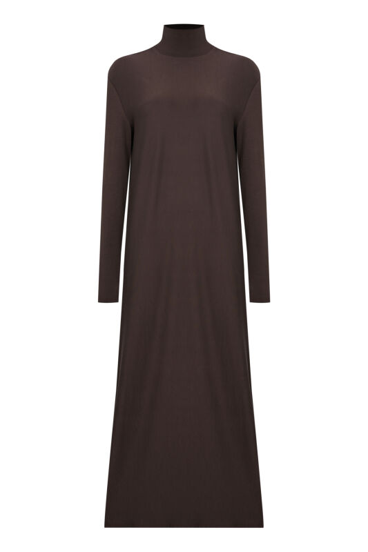 Turtleneck Dark Brown Combed Cotton Dress - 1
