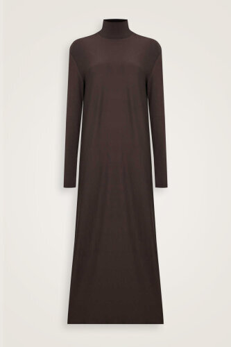Turtleneck Dark Brown Combed Cotton Dress - 1