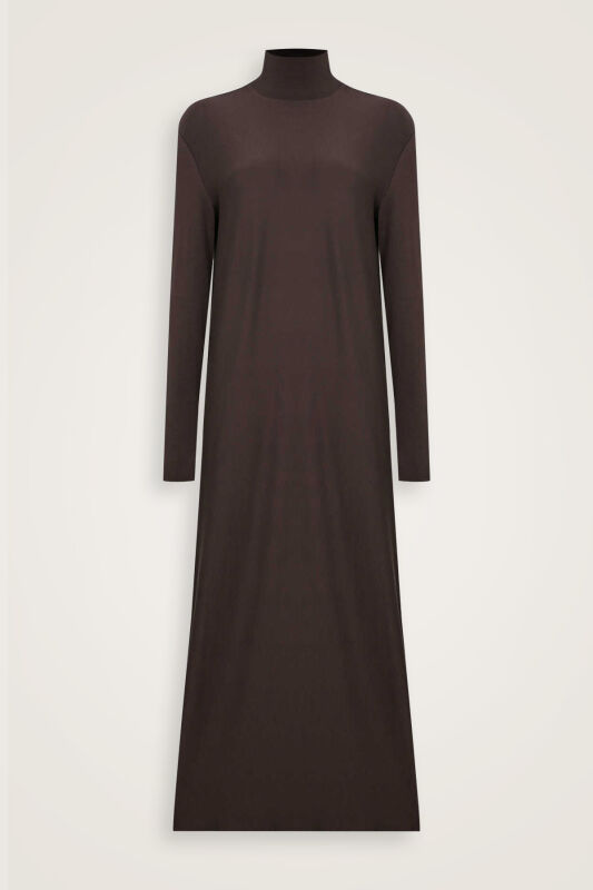 Turtleneck Dark Brown Combed Cotton Dress - 1