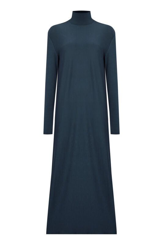 Turtleneck Navy Blue Combed Cotton Dress - 1