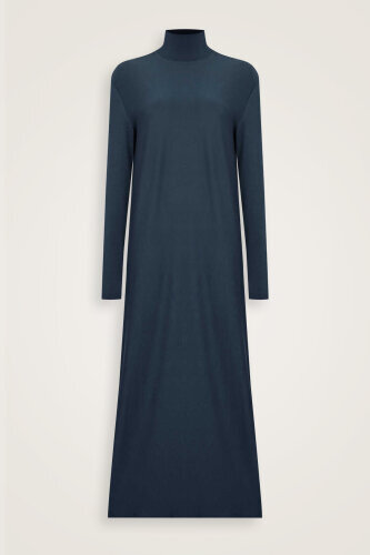 Turtleneck Navy Blue Combed Cotton Dress - Imannoor (1)