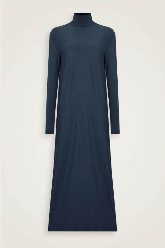 Turtleneck Navy Blue Combed Cotton Dress - 2