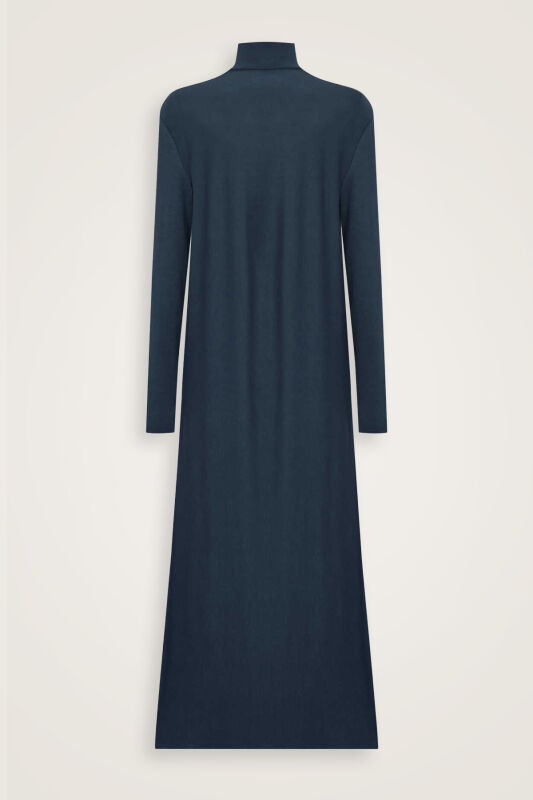 Turtleneck Navy Blue Combed Cotton Dress - 3