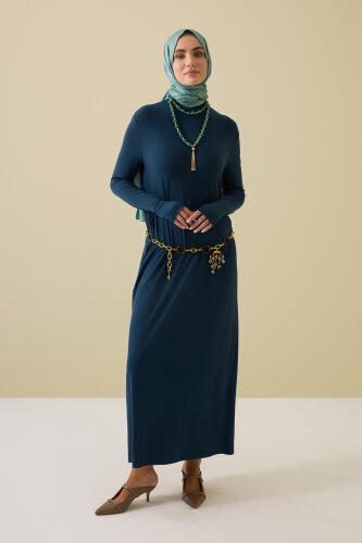 Turtleneck Navy Blue Combed Cotton Dress 