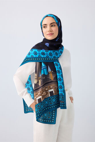 Vuslat Black-Sax Blue Flush Viscose Shawl 