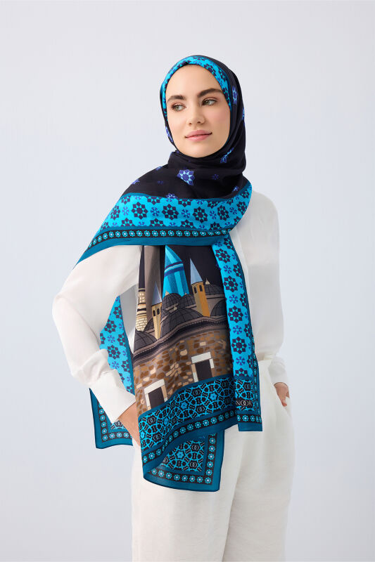 Vuslat Black-Sax Blue Flush Viscose Shawl - 1