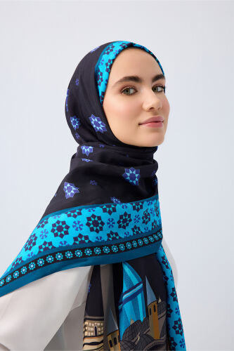 Vuslat Black-Sax Blue Flush Viscose Shawl - 5