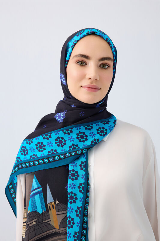 Vuslat Black-Sax Blue Flush Viscose Shawl - 3