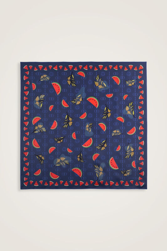 Watermelon Pattern Navy Blue Silk Twill Scarf - 1