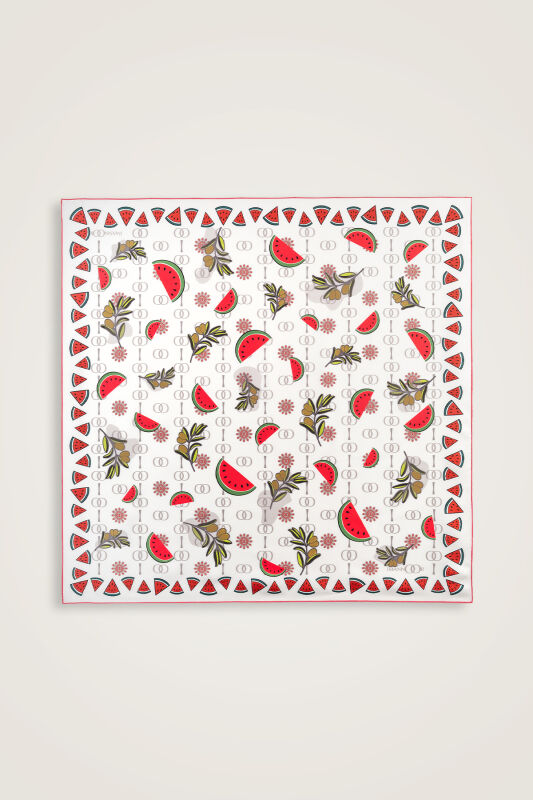 Watermelon Pattern White Silk Twill Scarf - 1
