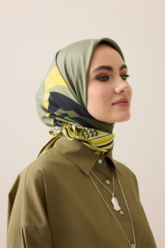 Waves Khaki Silk Twill Scarf - 1