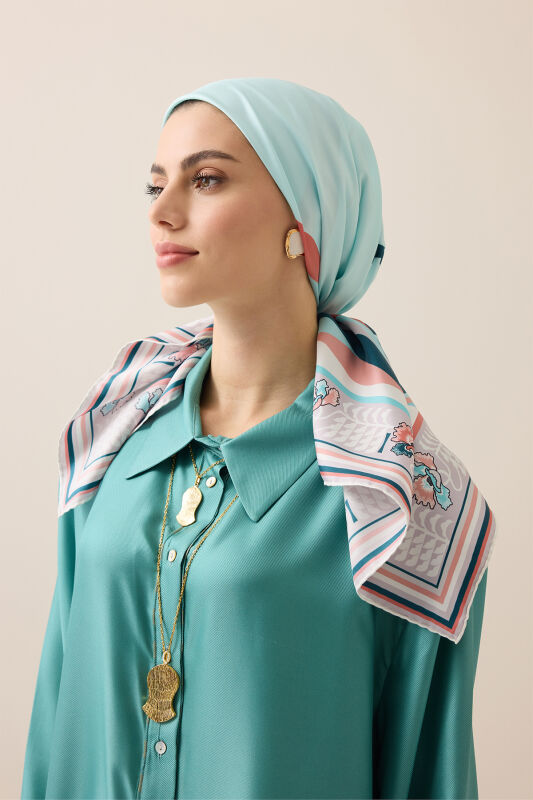 Waves Light Turquoise Silk Twill Scarf - 3