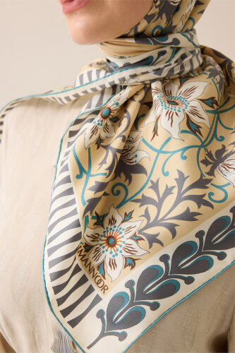 West Flower Beige Twill Silk Scarf - 3