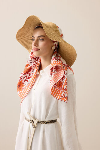 West Flower Orange Twill Silk Scarf 