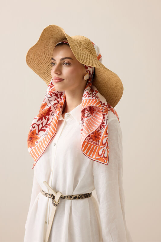 West Flower Orange Twill Silk Scarf - 1