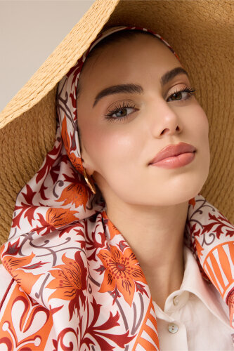 West Flower Orange Twill Silk Scarf - 3