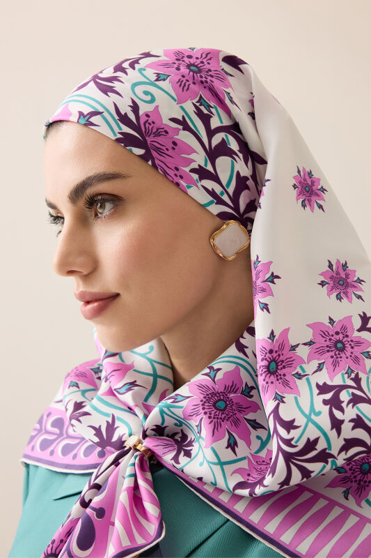 Western Flower Fuchsia Twill Silk Scarf - 1