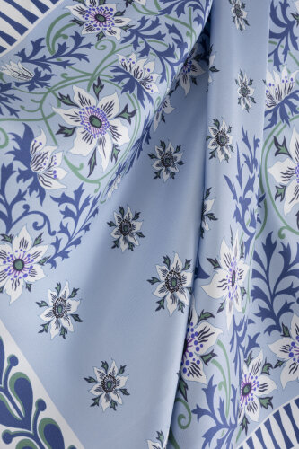 Western Flower Light Blue Twill Silk Scarf - 4
