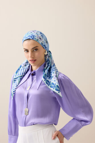 Western Flower Light Blue Twill Silk Scarf - 5