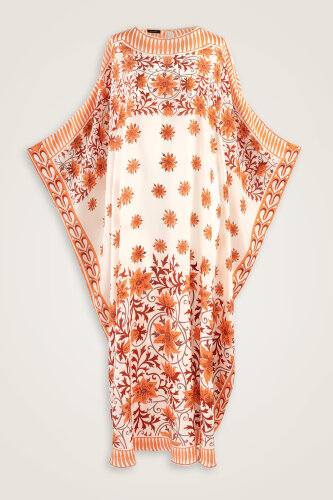 Western Flower Orange Twill Silk Kaftan 