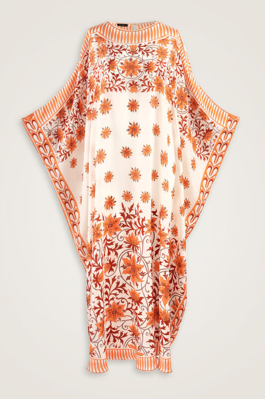 Western Flower Orange Twill Silk Kaftan - 1