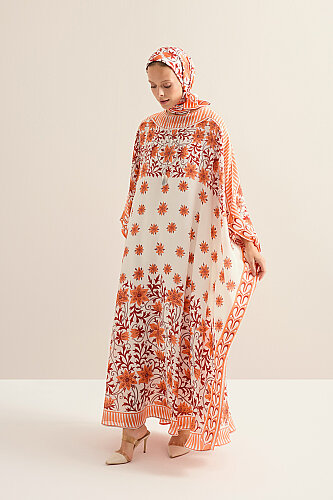 Western Flower Orange Twill Silk Kaftan 