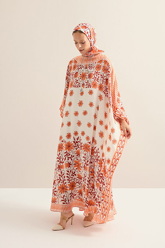 Western Flower Orange Twill Silk Kaftan - 1
