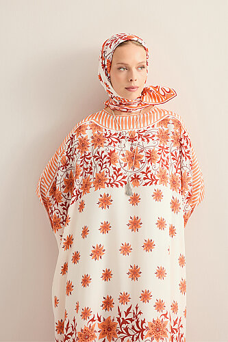 Western Flower Orange Twill Silk Kaftan - 3