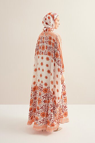 Western Flower Orange Twill Silk Kaftan - 7
