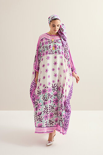 Western Flower Pink Twill Silk Kaftan - 1