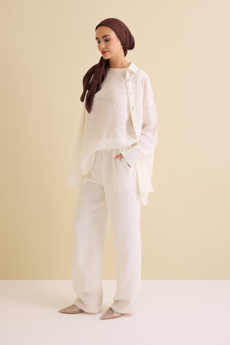 White Linen Jacquard Trousers 