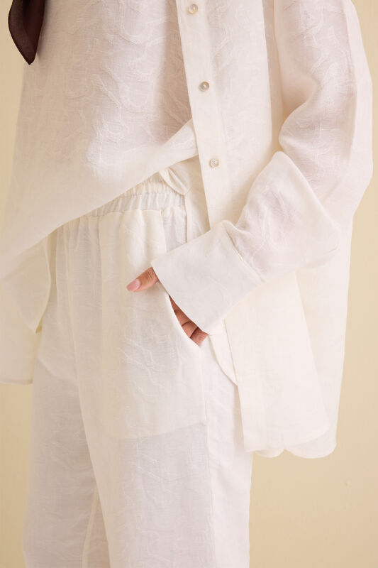 White Linen Jacquard Trousers - 3