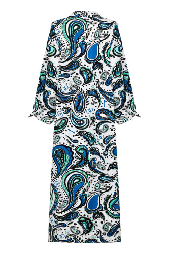 White Silk Twill Shirt Dress with Cashmere Sleeve Detail - 4