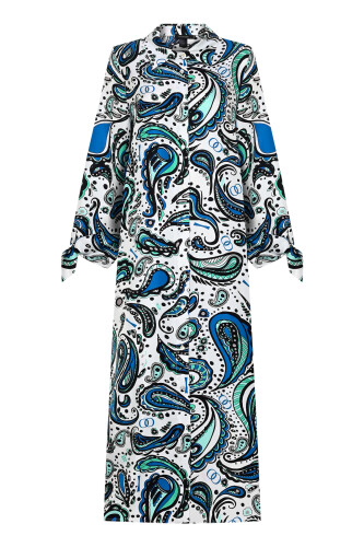 White Silk Twill Shirt Dress with Cashmere Sleeve Detail - 2