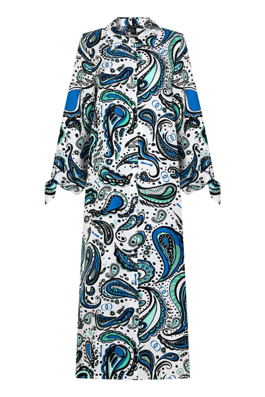 White Silk Twill Shirt Dress with Cashmere Sleeve Detail - 2