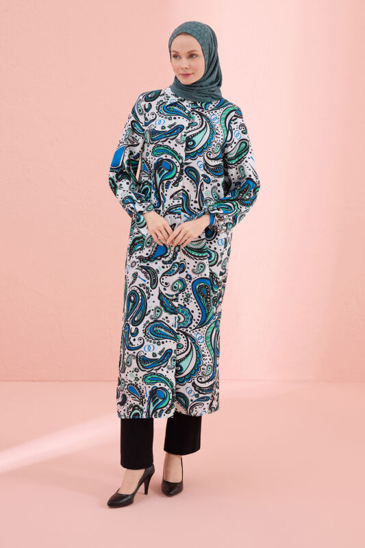 White Silk Twill Shirt Dress with Cashmere Sleeve Detail - 1