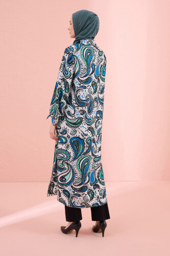 White Silk Twill Shirt Dress with Cashmere Sleeve Detail - 6