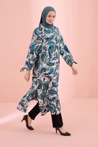 White Silk Twill Shirt Dress with Cashmere Sleeve Detail - 5