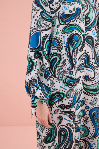 White Silk Twill Shirt Dress with Cashmere Sleeve Detail - 3