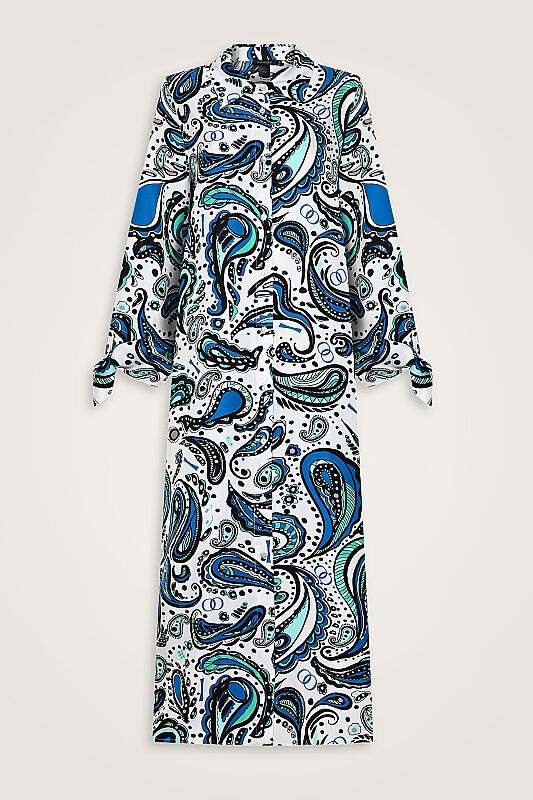 White Silk Twill Shirt Dress with Cashmere Sleeve Detail - 2