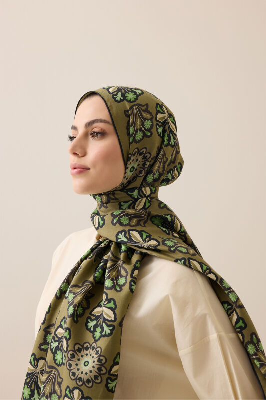 Wildflower Khaki Cotton Silk Scarf - 1