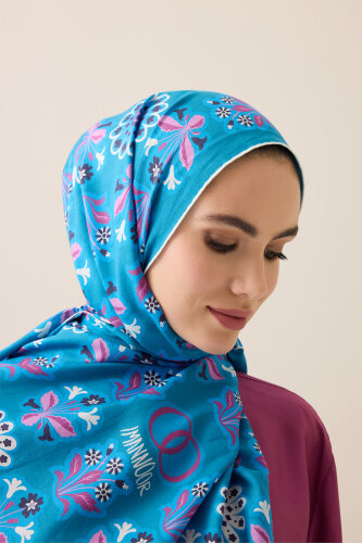 Wildflower Pink-Turquoise Cotton Silk Scarf - 3