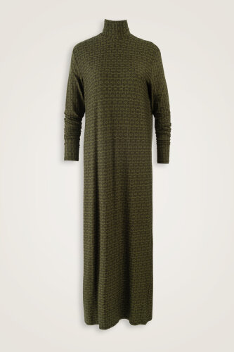 Woven Noor Khaki Turtleneck Combed Cotton Dress - Imannoor