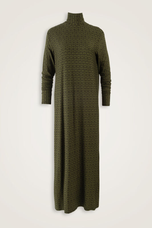 Woven Noor Khaki Turtleneck Combed Cotton Dress - 1