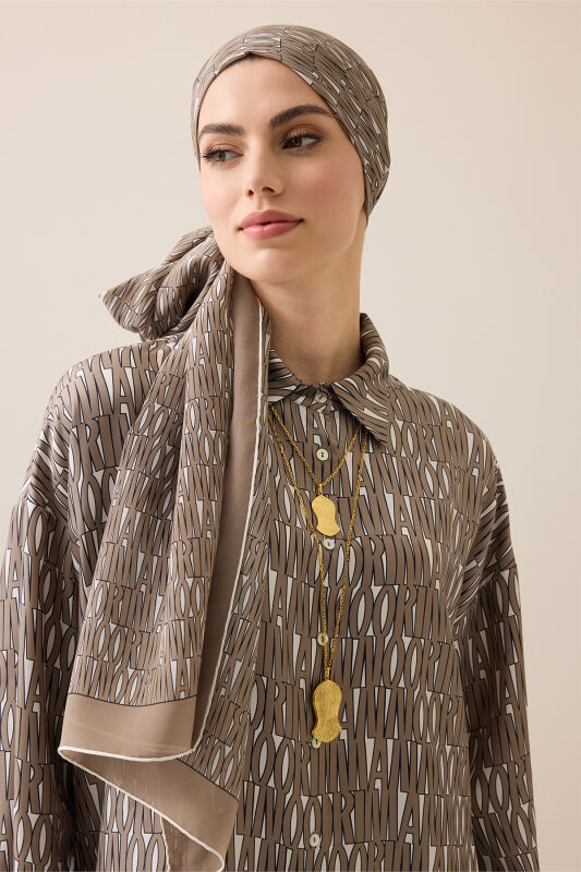 Yazı Desen Bej Tivil İpek Gömlek - 3